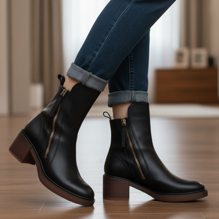 Bo | Classic Black Leather Ankle Boot with Elegant Heel