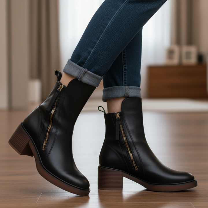 Bo | Classic Black Leather Ankle Boot with Elegant Heel