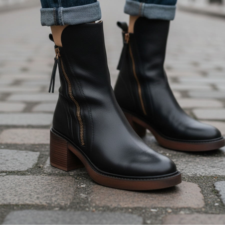 Bo | Classic Black Leather Ankle Boot with Elegant Heel